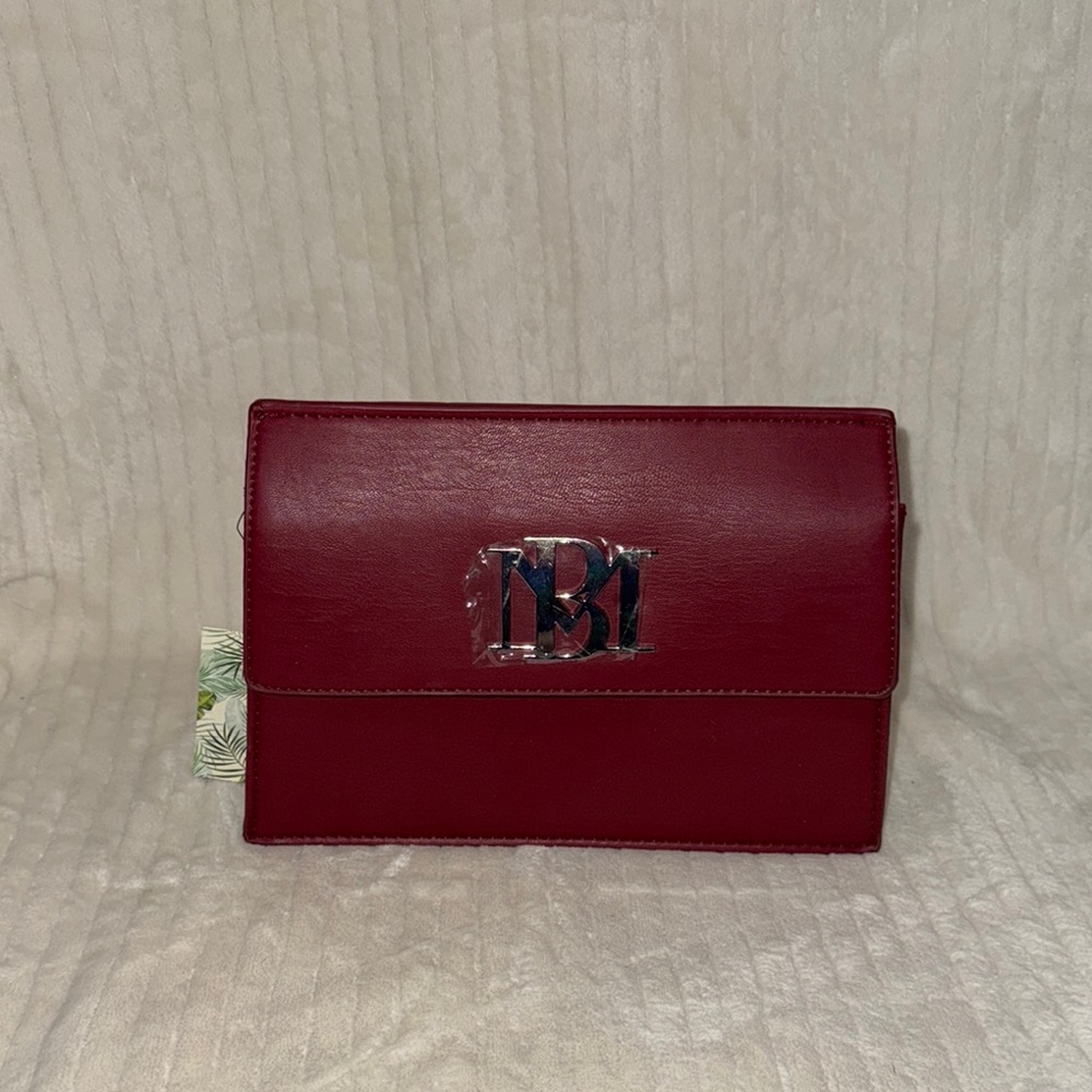 Badgley Mischka Wine Red Leather Clutch with Silver Logo